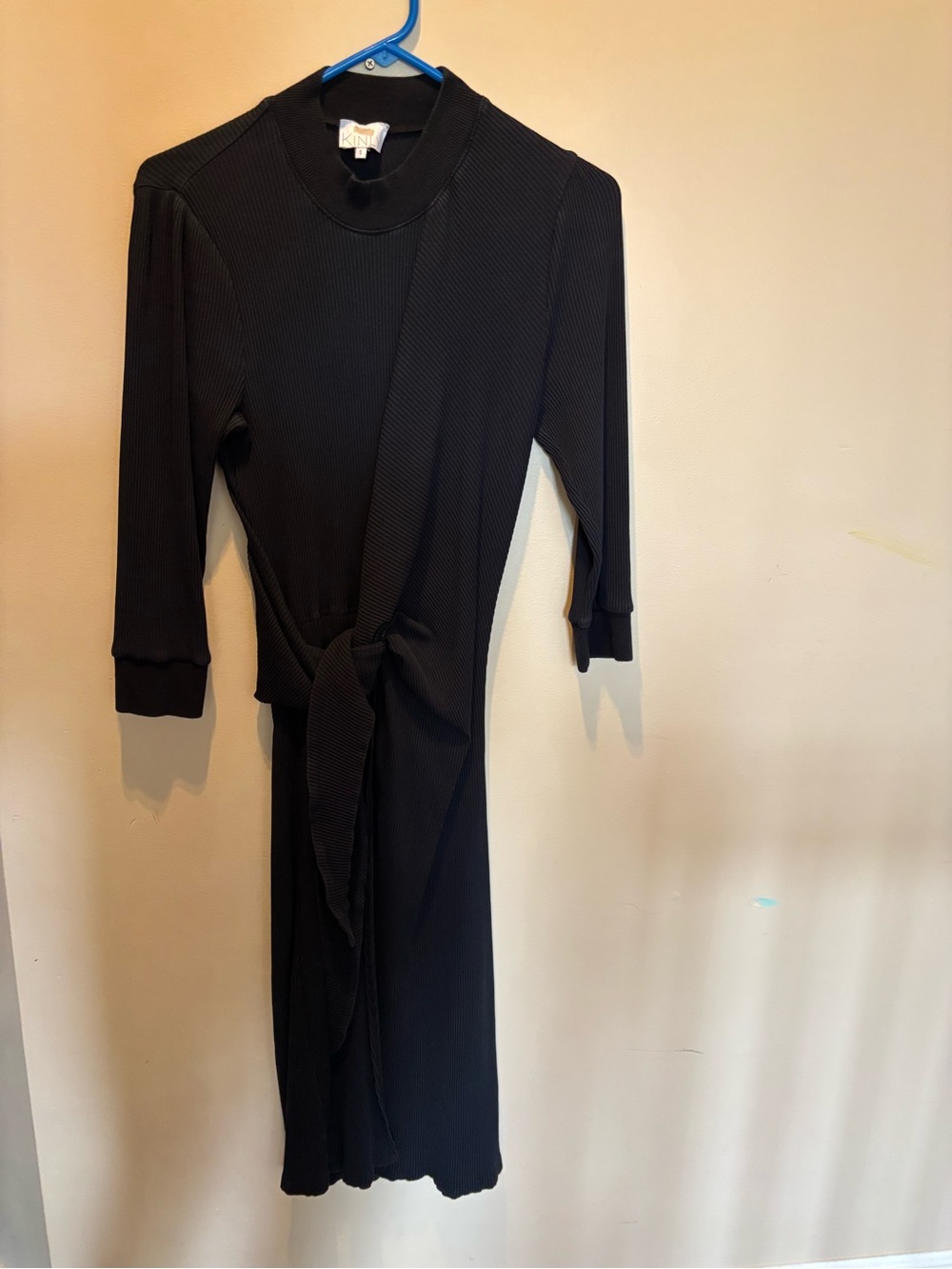 Ribbed Tie-Waist Black Midi Dress
